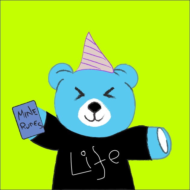 Blue puppet with party hat holding mine runes book